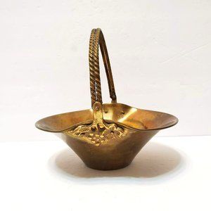 Vintage Solid Brass Basket with Handle and Grape Vine Detail, Hand Crafted India